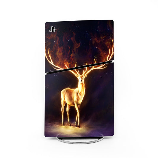 Sony PS5 Slim console skin with Firewalker deer in flames, glossy wrap design