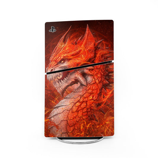 PlayStation PS5 Slim skin with flame dragon and PS logo, glossy rectangular decal