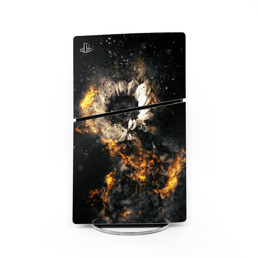 PlayStation 5 Slim console skin with fiery skeleton artwork, dark background