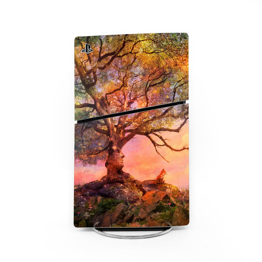 Sony PS5 Slim console skin with autumn sunset tree artwork and dark trim