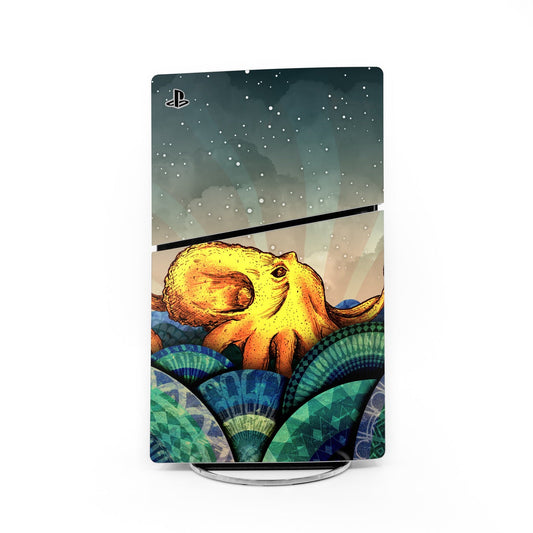 PS5 Slim console skin with teal underwater artwork, yellow creature, PlayStation logo