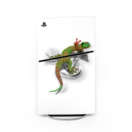 PS5 Slim console skin with green gecko decal, red feet, and black center stripe