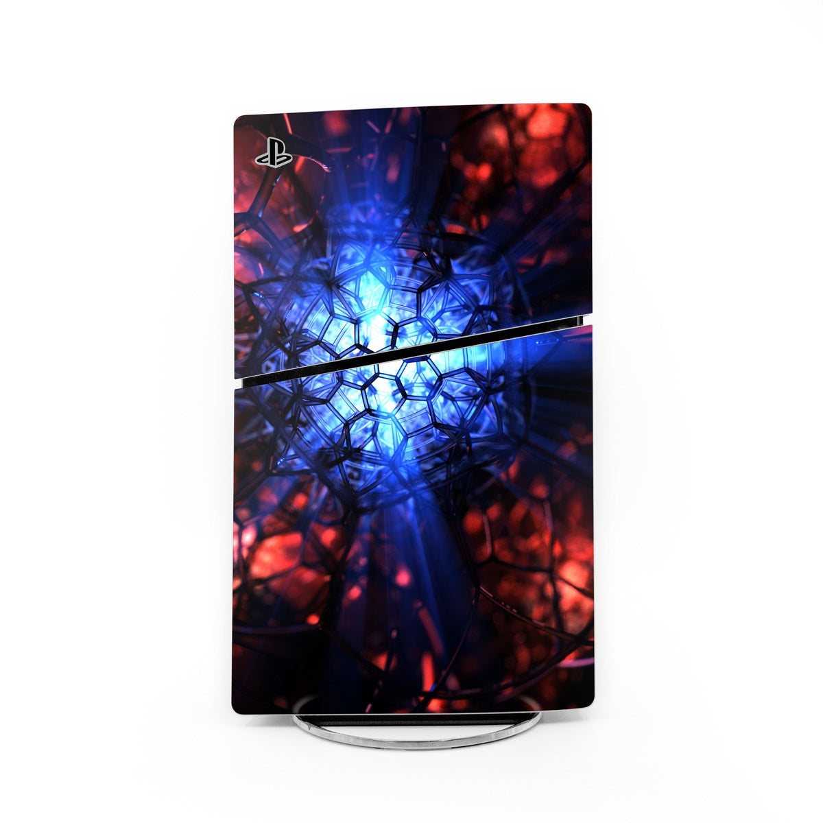 PS5 Slim console skin with blue and red geometric hex pattern and glossy finish