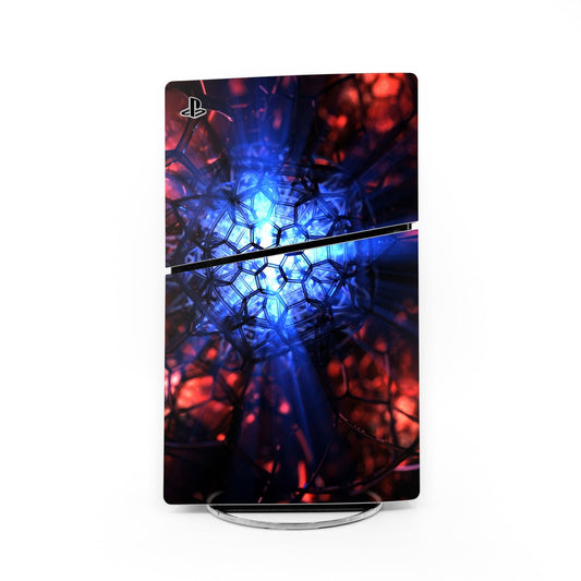 PS5 Slim console skin with blue and red geometric hex pattern and glossy finish