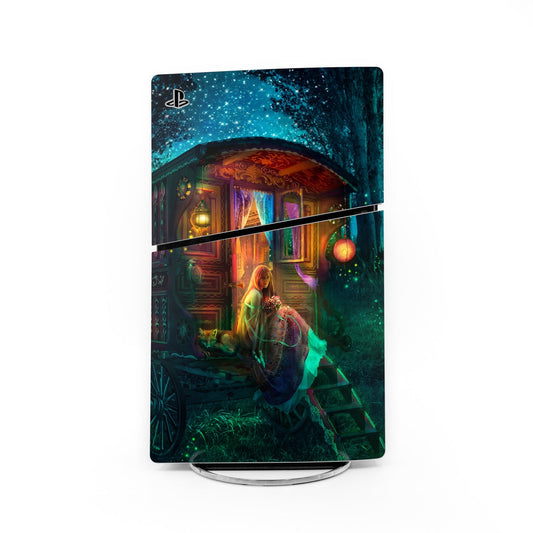 PlayStation PS5 Slim skin decal, colorful sci-fi artwork with PS logo and character