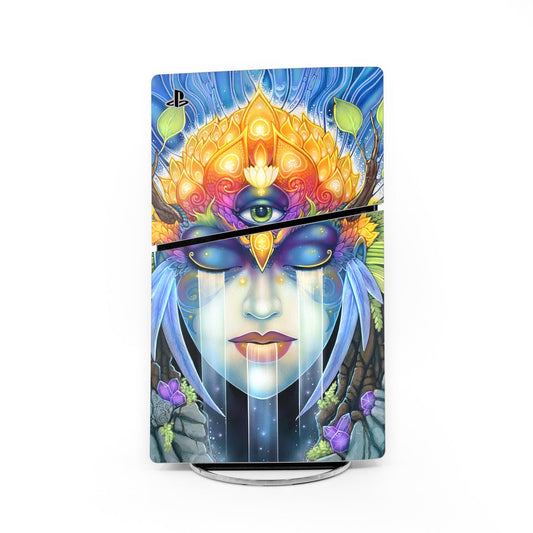 PlayStation 5 Slim skin with colorful goddess portrait, blue hair, lotus and flowers artwork
