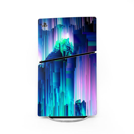 Sony PS5 Slim skin with neon blue and purple glitch pattern and PlayStation logo