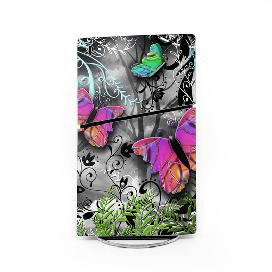PS5 Slim console skin with purple-and-green butterflies on dark floral swirls