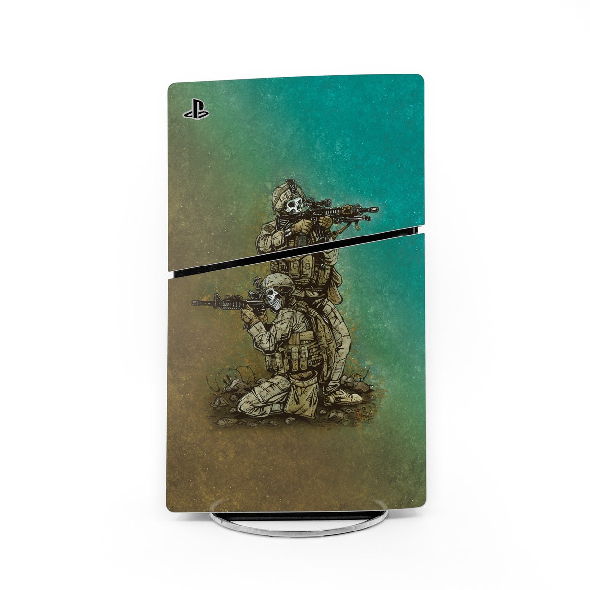 PlayStation 5 Slim skin with green sci-fi soldier artwork and PS logo, fitted