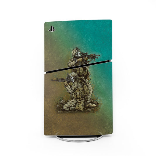 PlayStation 5 Slim skin with green sci-fi soldier artwork and PS logo, fitted
