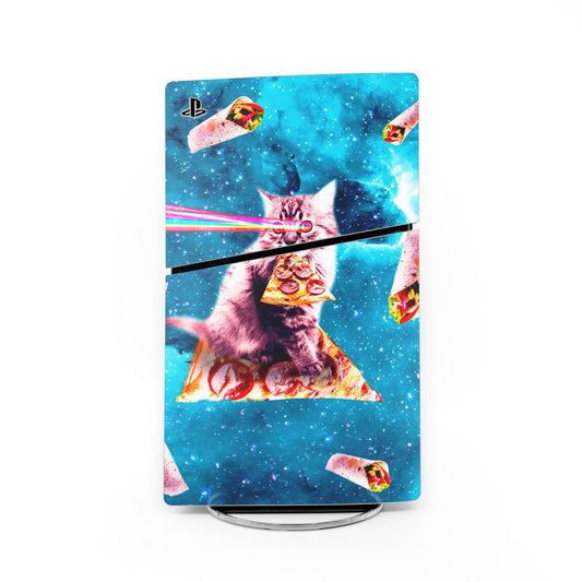 PS5 Slim skin with blue galaxy design, purple cat warrior, PlayStation logos