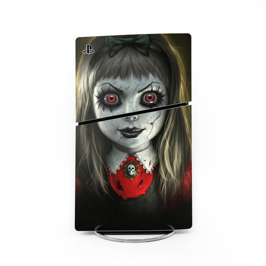 Sony PS5 Slim console skin with haunted doll face, red eyes, black and blonde hair