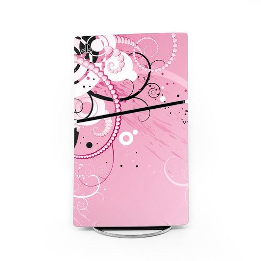 Sony PS5 Slim console skin with pink abstract swirl and bead pattern, outlined in black