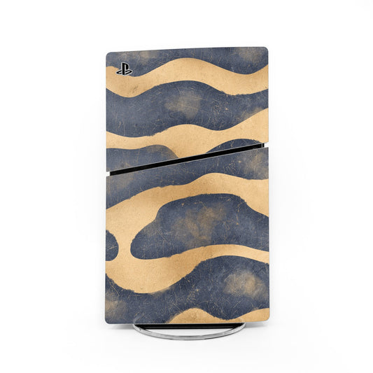 Sony PS5 Slim console skin, wavy camo design in navy and tan