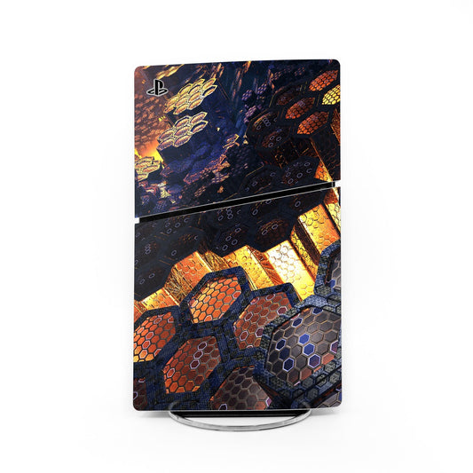 PS5 Slim skin decal with PlayStation logo and dark hex pattern in gold and orange