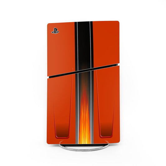 PS5 Slim console skin with orange and black design and PlayStation logo