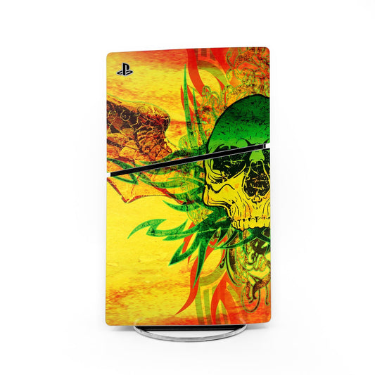 PlayStation 5 Slim console skin with tribal skull and fiery red-green graphic