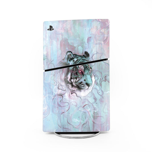 PS5 Slim skin decal with pastel blue tiger artwork and swirl pattern