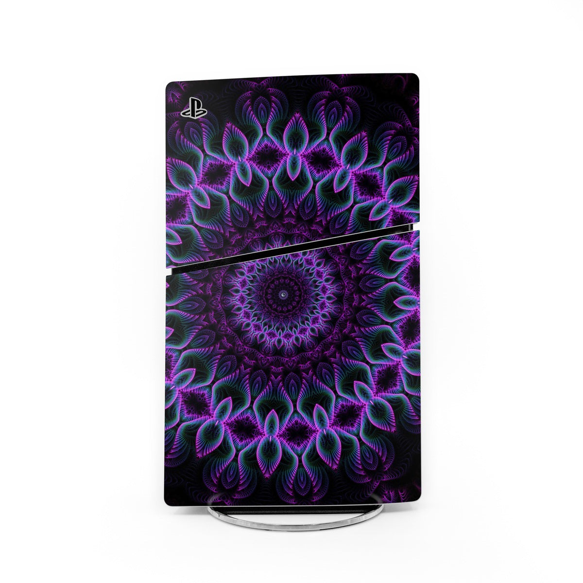PlayStation PS5 Slim skin decal with purple neon fractal pattern and PS logo