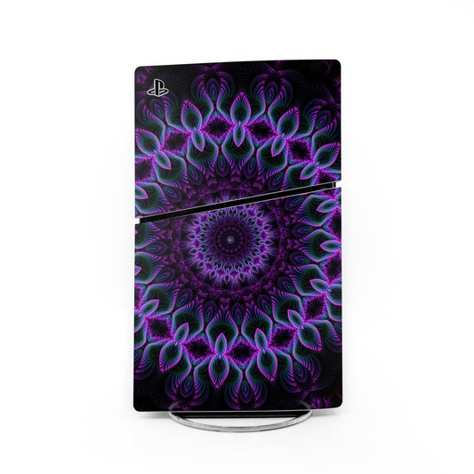 PlayStation PS5 Slim skin decal with purple neon fractal pattern and PS logo