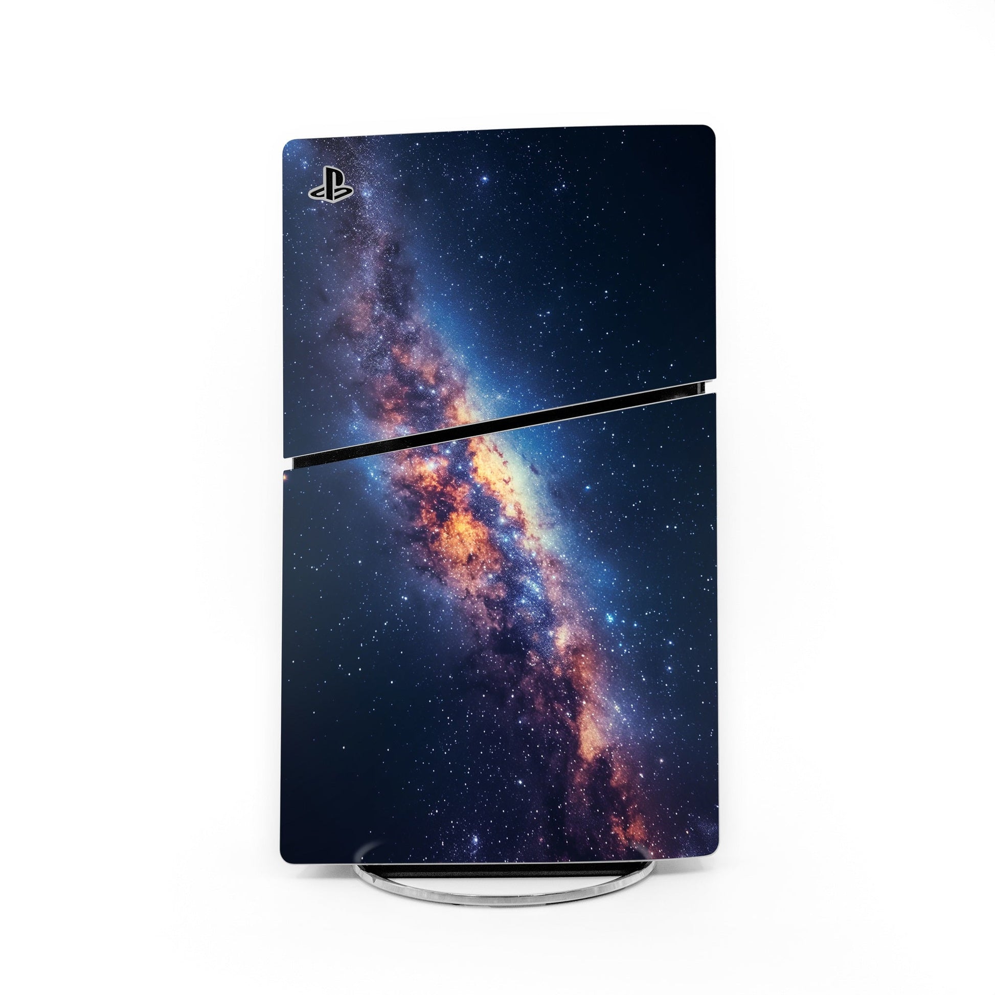 PS5 Slim console skin with dark galaxy artwork and PlayStation logo
