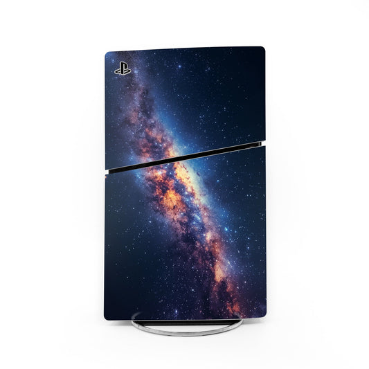 PS5 Slim console skin with dark galaxy artwork and PlayStation logo