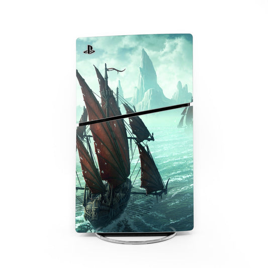 Sony PS5 Slim console skin with teal sci-fi scene and PlayStation logo