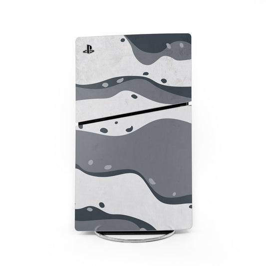 PlayStation PS5 Slim skin with gray and dark wave pattern, PS logo