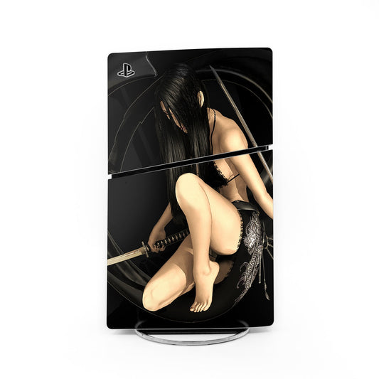 Dark PS5 Slim skin with PlayStation logo and bold circular character graphic