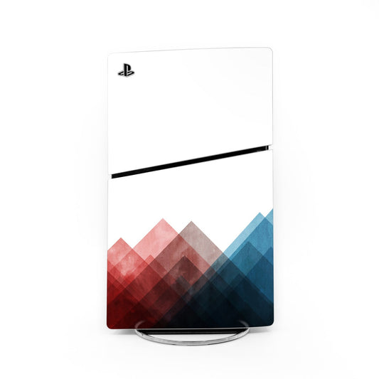 Sony PS5 Slim console skin with white top, black stripe, red-blue mountain design