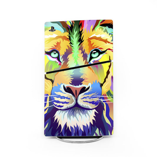 Colorful animal face PS5 Slim console skin with neon green, purple, yellow graphics