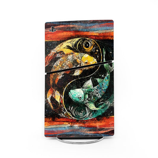 Sony PS5 Slim skin with koi fish yin yang design, colorful artwork