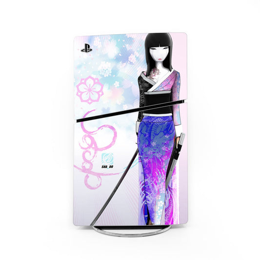 PlayStation PS5 Slim skin with kokeshi doll artwork in purple and blue, with PlayStation logo