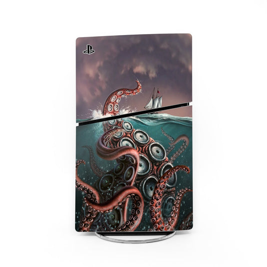 Kraken PS5 Slim skin with teal kraken artwork and PlayStation logo