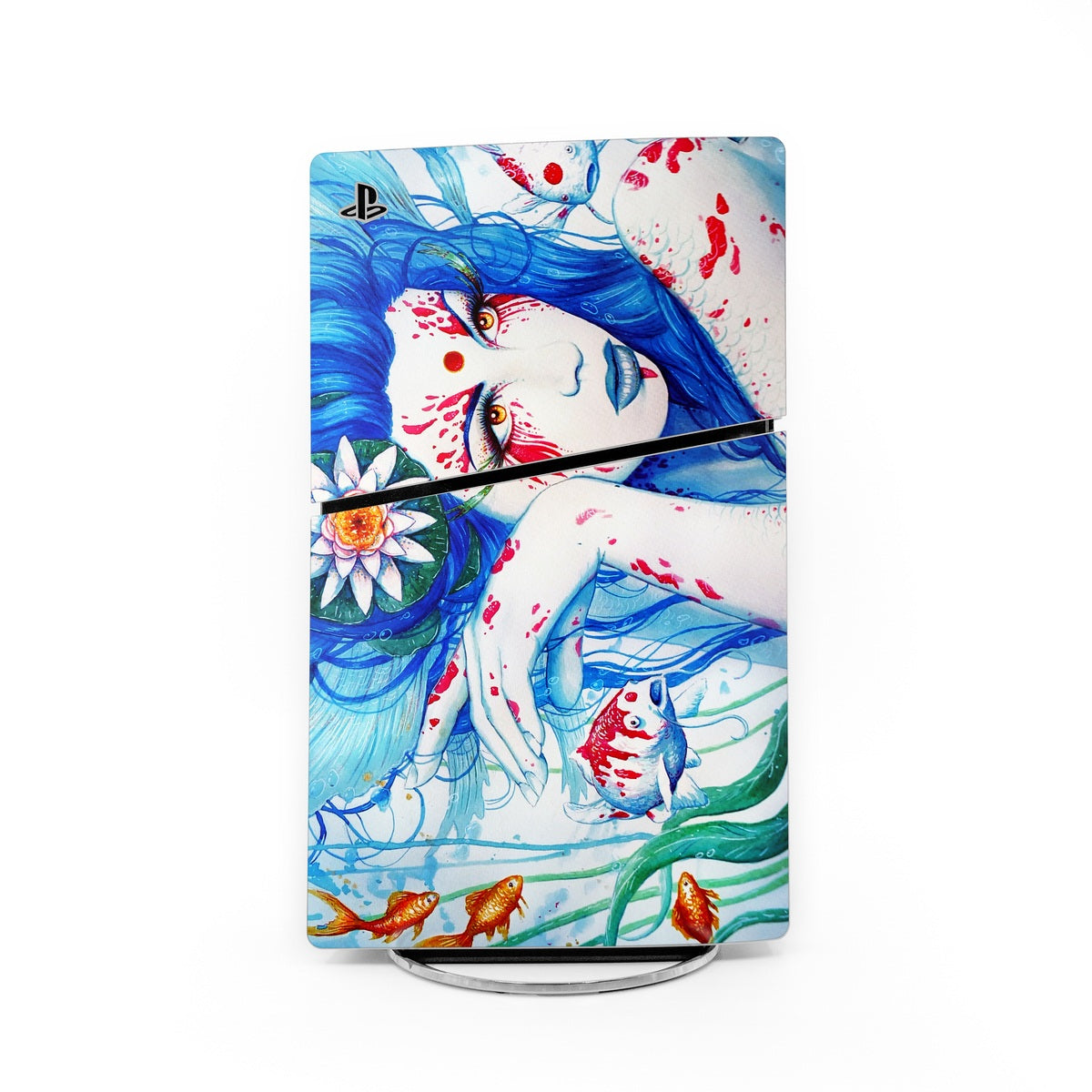 PlayStation 5 Slim skin with blue koi and lady face artwork, PS logo