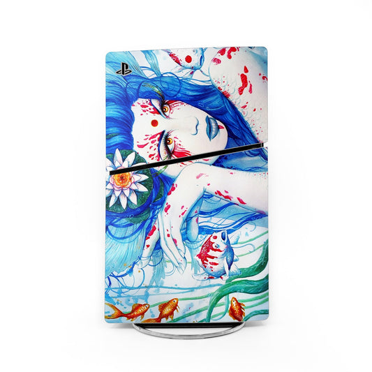 PlayStation 5 Slim skin with blue koi and lady face artwork, PS logo