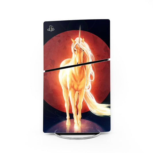 PlayStation PS5 Slim skin decal with glowing white unicorn artwork