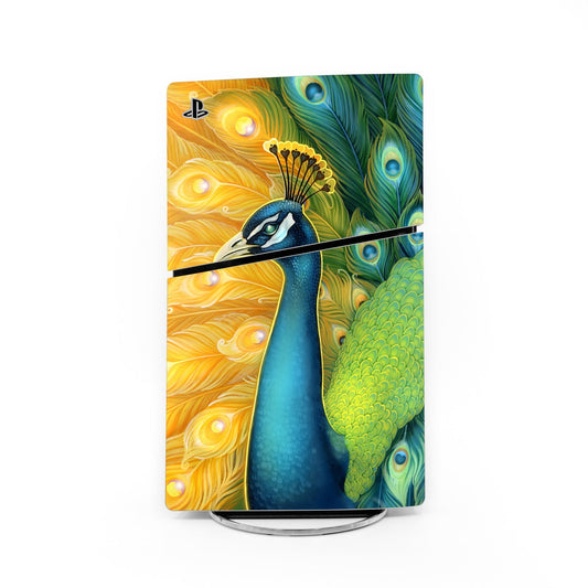PS5 Slim console skin with colorful peacock feather artwork