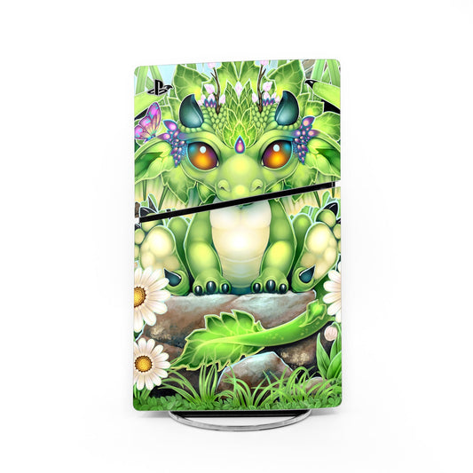 Green dragon-themed PS5 Slim console skin wrap, full front panel design