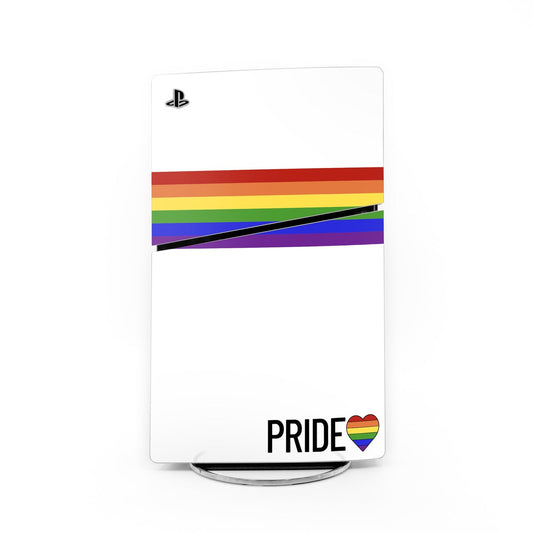 Sony PS5 Slim skin with Pride rainbow stripes and heart on white background