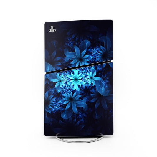 PlayStation 5 Slim skin with dark blue luminous floral pattern and PS logo