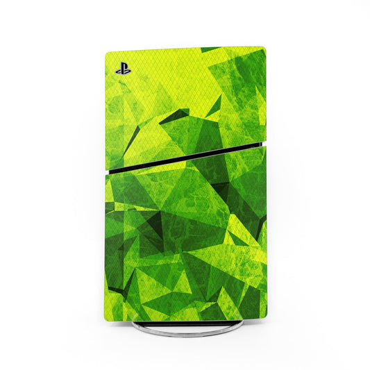 Bright green PS5 Slim skin with geometric polygon pattern and PlayStation logo