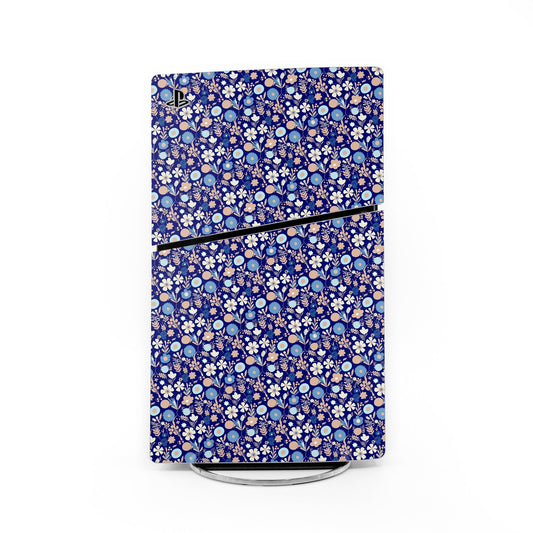 PlayStation 5 Slim skin, navy floral pattern with decorative border