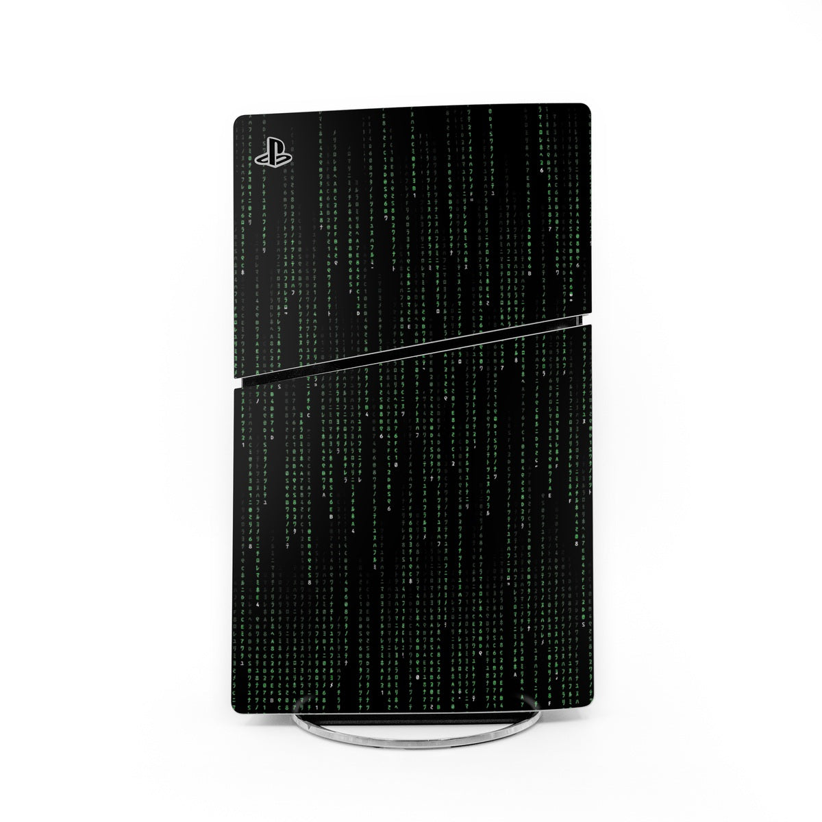 Black PlayStation PS5 Slim skin with Matrix code pattern and thin border line