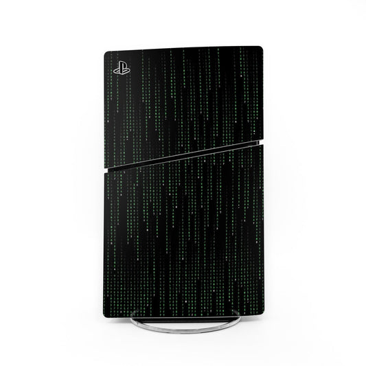 Black PlayStation PS5 Slim skin with Matrix code pattern and thin border line
