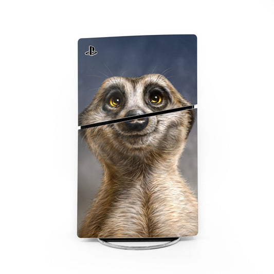 PlayStation PS5 Slim skin with meerkat face graphic and blue border
