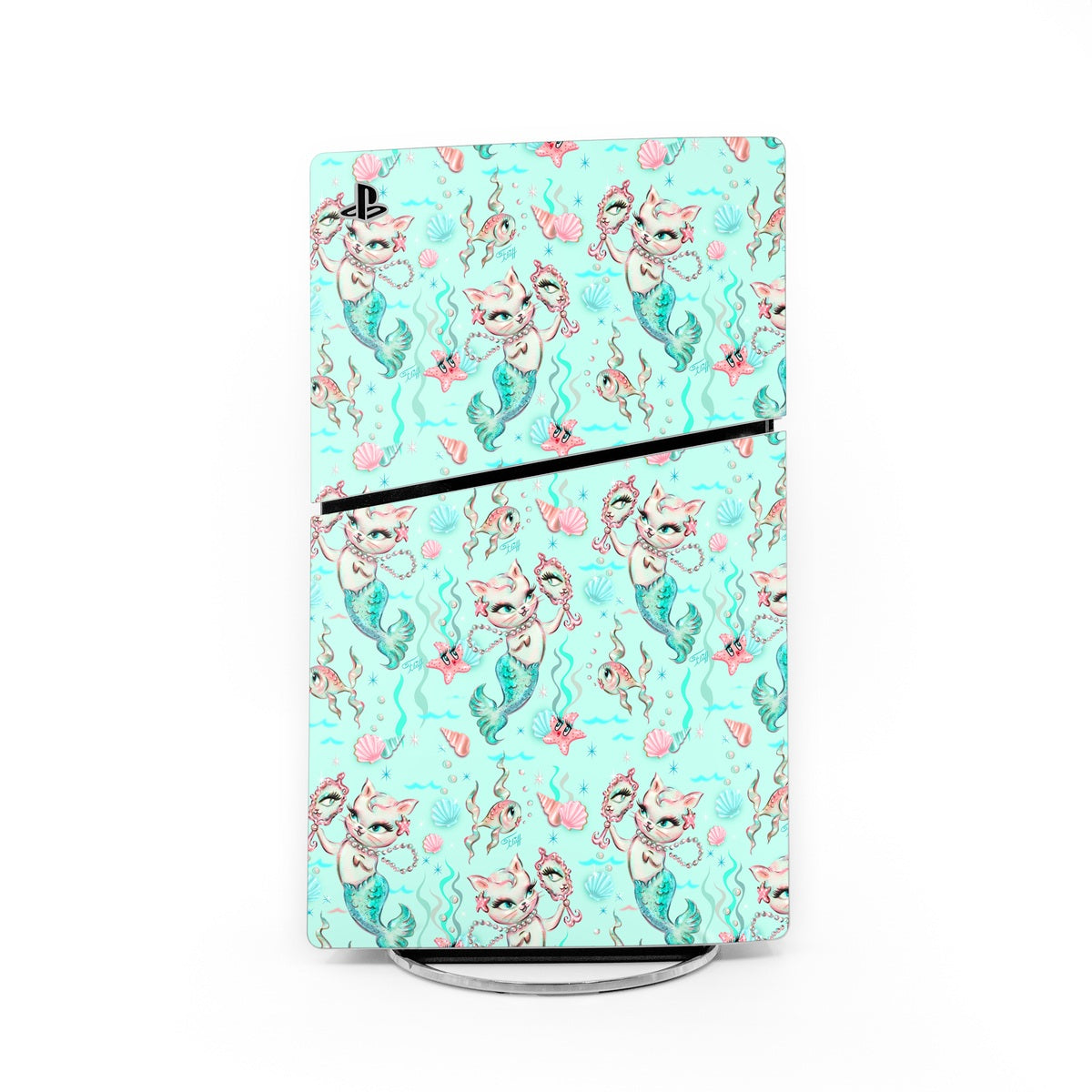 Aqua PS5 Slim console skin with mermaid cat pattern and pearl accents