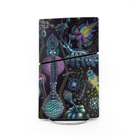 PS5 Slim console skin with dark purple teal fantasy creature artwork