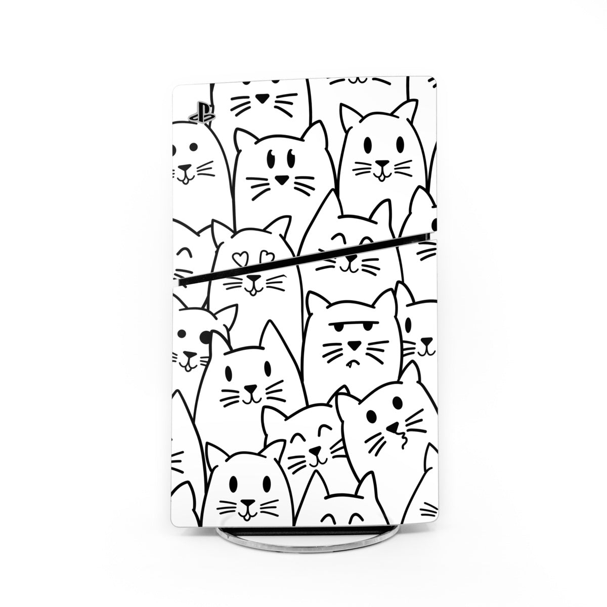 Cat-themed PS5 Slim console skin, white with black cat faces pattern