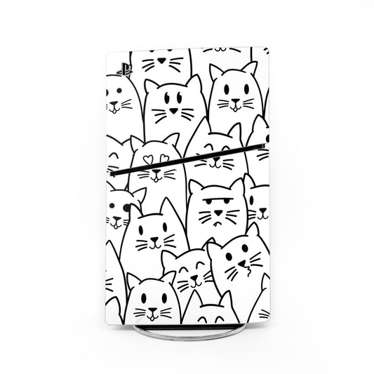 Cat-themed PS5 Slim console skin, white with black cat faces pattern